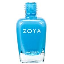 En blå Zoya nagellackflaska med klart fundament och blå kork, märkt 'Professional Lacquer.'
