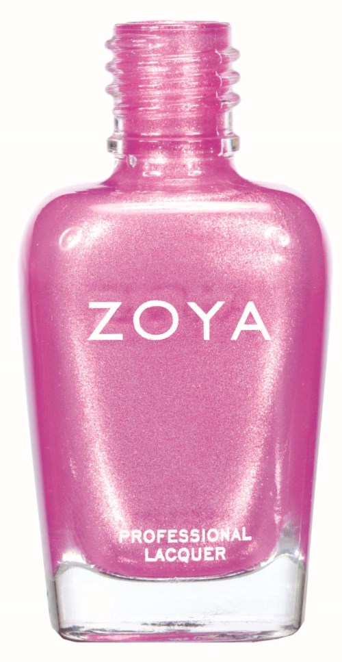 Nagellackflaska i rosa färg märkt Zoya, professionell lack, slät och glansig yta.