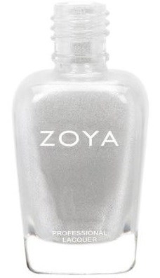 En tydlig nagellackflaska märkt ZOYA, med vit text och en enkel, rund form.