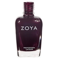 Mörklila nagellacksflaska med vit text som säger "ZOYA" och "PROFESSIONAL LACQUER."