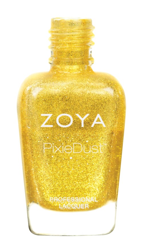 En guldfärgad nagellackflaska märkt ZOYA PixieDust, med en glittrig, glänsande yta.