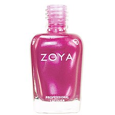 En rosa nagellackflaska med en genomskinlig lock märkt ZOYA, professionell och glansig.