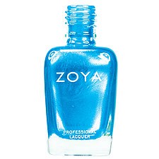 En blå flaska med lock, märkt ZOYA, verkar vara ett nagellack.