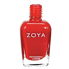En röd nagellackflaska märkt 'ZOYA' och 'PROFESSIONAL LACQUER' i tydliga bokstäver.