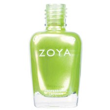 En ljusgrön nagellacksflaska märkt 'Zoya' med en klar kork.