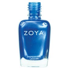 En blå nagellackflaska med märket 'ZOYA' och 'PROFESSIONAL LACQUER' skrivet på den.