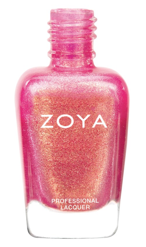 Rosa nagellack flaska med guldskimrande, märkt ZOYA, professionell lack, ingen lock.