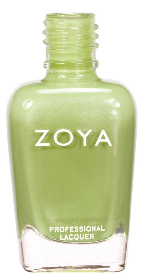 En ljusgrön nagellackflaska med märket ZOYA och 'PROFESSIONAL LACQUER' skrivna på den.