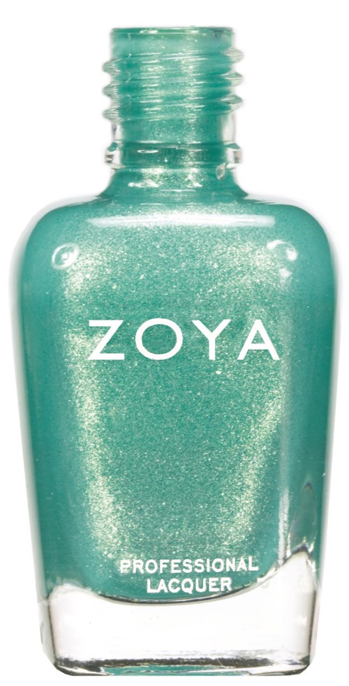 En turkos nagellackflaska märkt Zoya, med en glänsande, glittrig finish och ett lock.