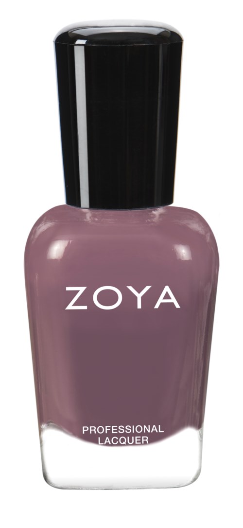 A bottle of mauve nail polish with a black cap and white text that says "ZOYA" and "PROFESSIONAL LACQUER."