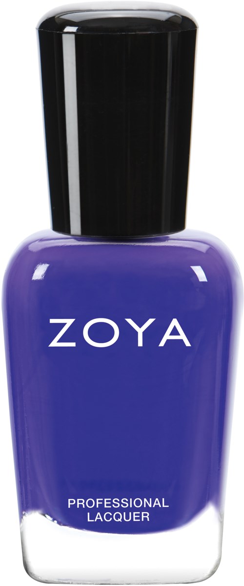 En lila Zoya nagellackflaska med svart lock, märkt som professionell lack.
