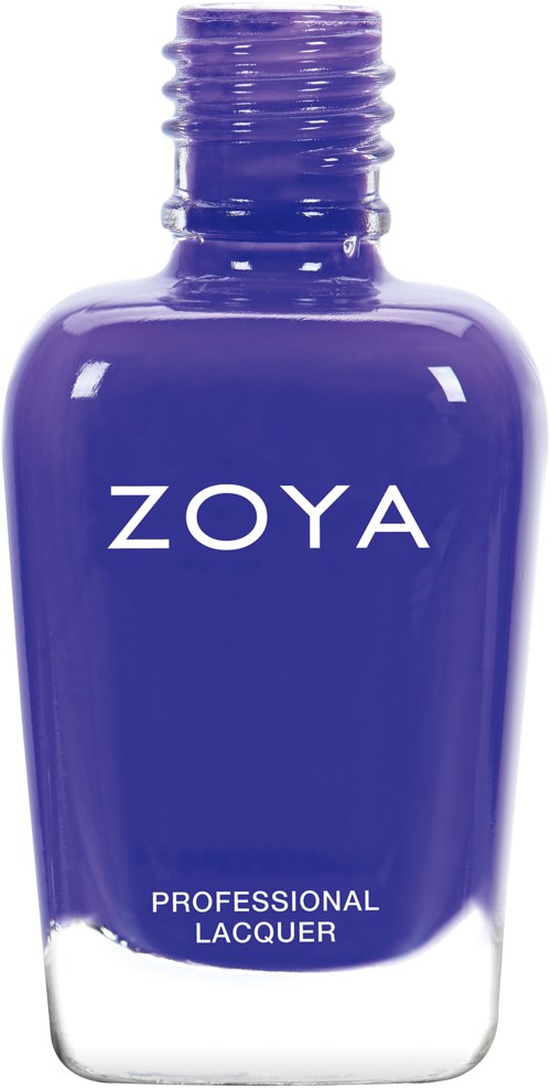 En blå nagellackflaska med märket ZOYA och etiketten 'Professional Lacquer.'