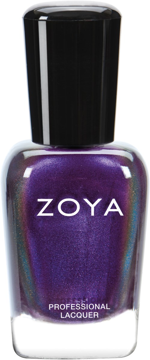 En lila nagellacksflaska med svart lock, märkt "ZOYA" och "PROFESSIONAL LACQUER".