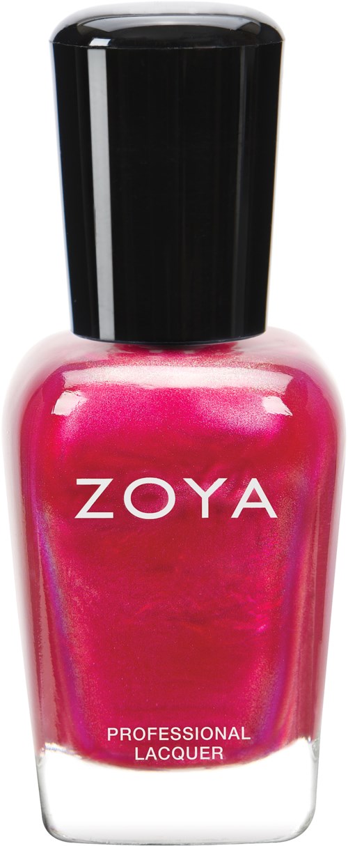 En flaska med rosa nagellack med svart lock märkt 'ZOYA Professional Lacquer.'