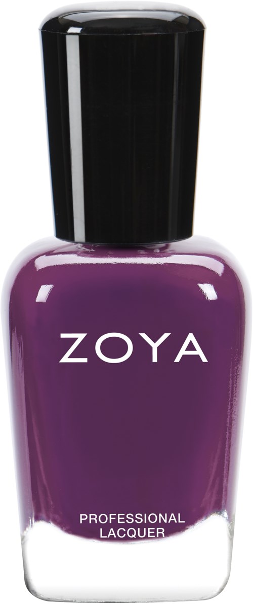 En lång glasflaska med lila nagellack inuti, svart lock och orden 'ZOYA' och 'PROFESSIONAL LACQUER' skrivet på den.