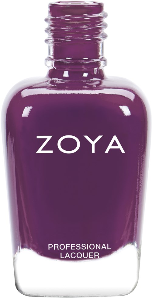 En lila nagellackflaska märkt 'ZOYA' och 'PROFESSIONAL LACQUER'.