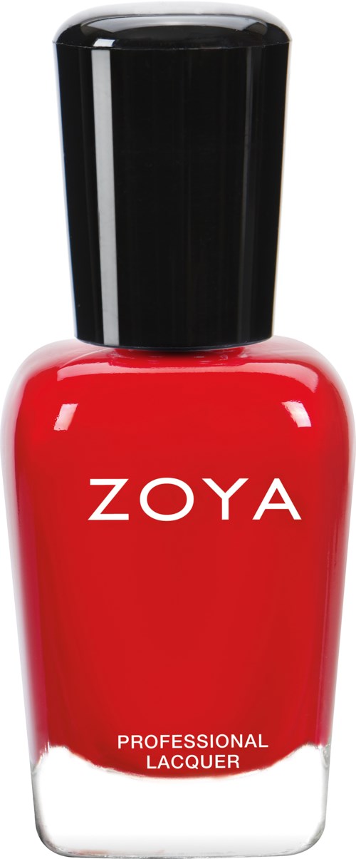 Röd nagellackflaska med svart lock, märkad ZOYA, professionell lack.