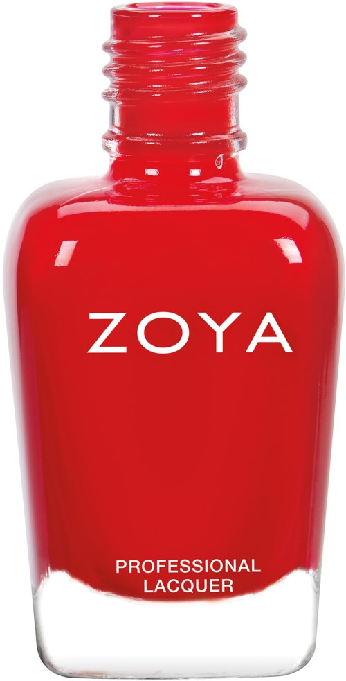 En röd Zoya nagellackflaska med vitt text, märkt som professionell nagellack.