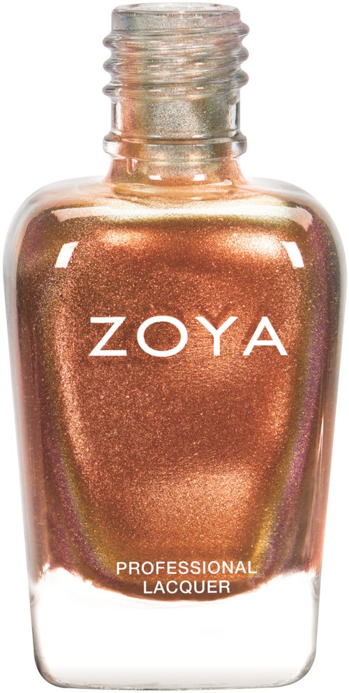 En glänsande bronsfärgad nagellackflaska märkt ZOYA, med orden PROFESSIONAL LACQUER under.