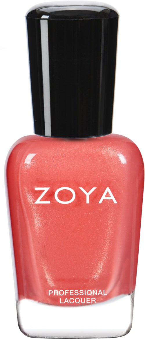 En rosa nagellackflaska med svart lock, märkt 'ZOYA' och 'PROFESSIONAL LACQUER'.