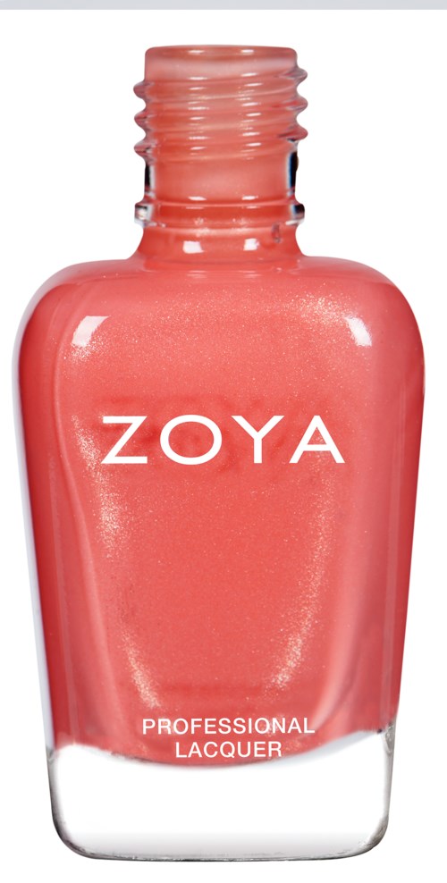 En rosa nagellackflaska med vitt text som säger 'ZOYA' och 'PROFESSIONAL LACQUER'.