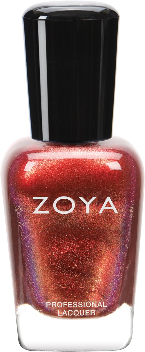 En röd, glitterig nagellacksflaska med svart lock, märkt ZOYA, professionell lack.
