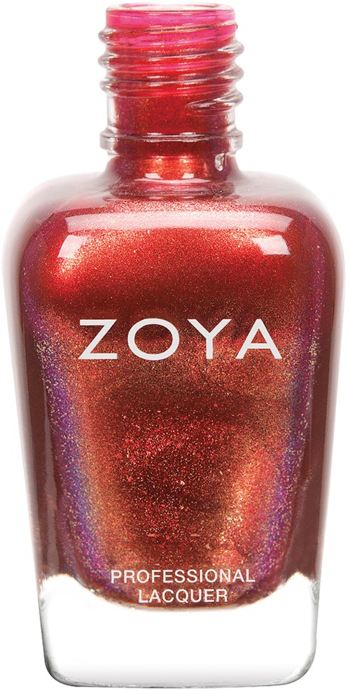 En röd glittrig nagellackflaska märkt 'Zoya' och 'Professional Lacquer.'