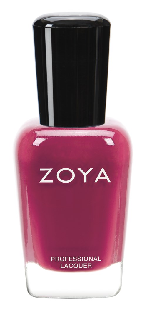 Pink nagellacksflaska med svart lock, märkt Zoya, professionell lack.