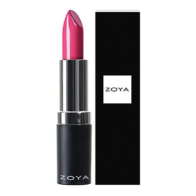 Ett rosa läppstift i en svart och silverhylsa, med en matchande svart box märkt ZOYA.