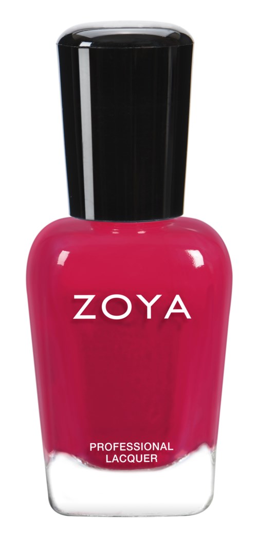 Rosa nagellackflaska med svart lock och märket ZOYA.