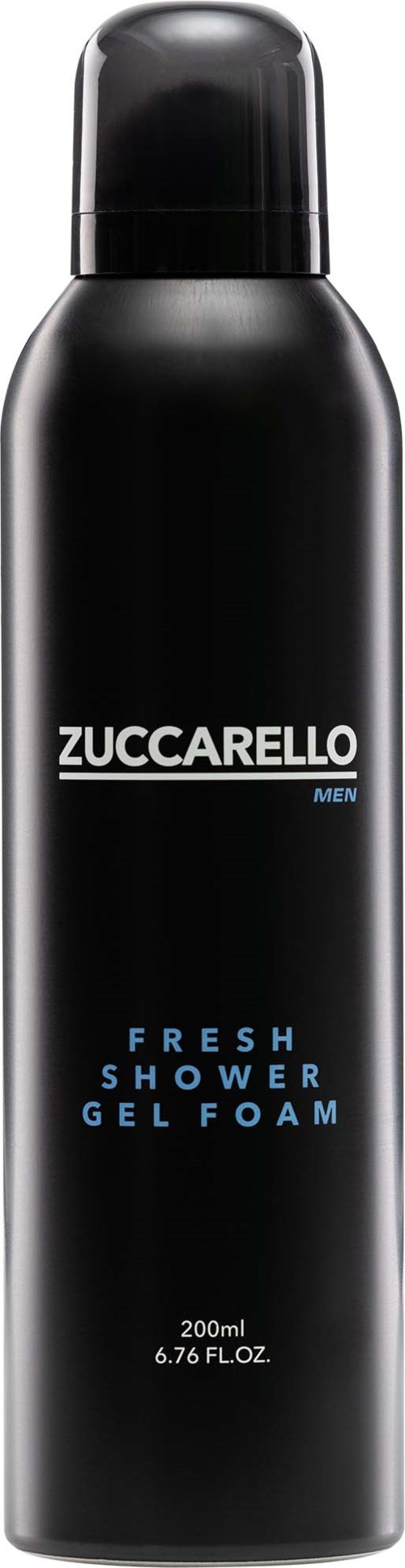 Czarna butelka z oznaczeniem ZUCCARELLO MEN, opisuje świeży żel pod prysznic, 200ml pojemności.