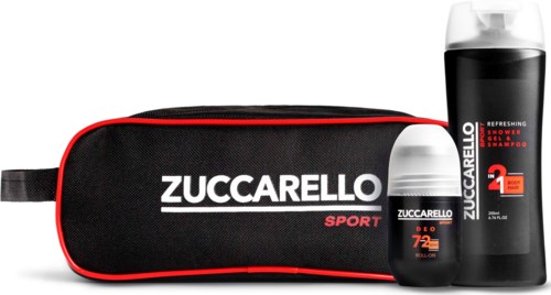 En Zucarello Sport necessär i svart och rött, bredvid två flaskor shower gel eller schampo.