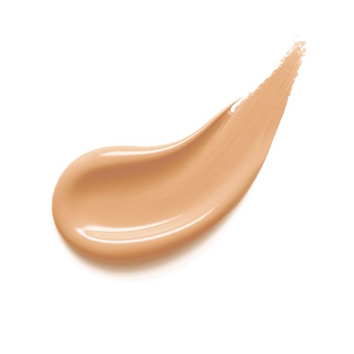 Sujuva beige nestemäinen meikkivoidelevy, jossa on kärki valkoisella taustalla.