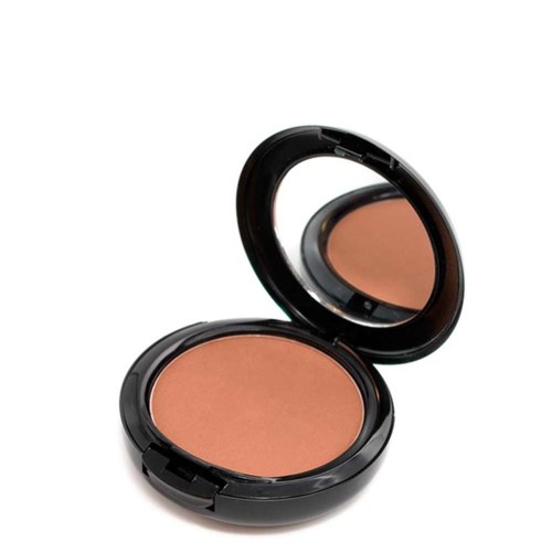 A compact powder with a mirror inside, in a black round case. The powder is a light beige color.