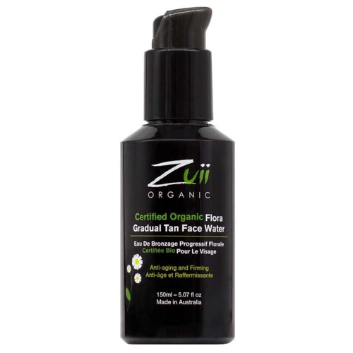 A black bottle with a pump, labeled as organic face water for tanning, from Australia, 150ml size.