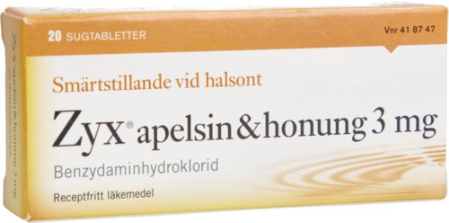 En box Zyx-sötsläkemedel med orange och vit förpackning, innehåller 20 tabletter för att lindra halsont. Etiketten visar ingredienser.