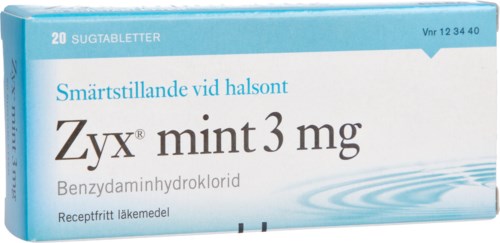 A box of pain relief medicine called ZyX mint 3 mg, with 20 tablets, in blue and white packaging.