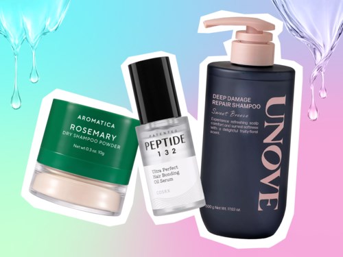 Kolme hiustenhoitotuotetta: rosmariini-kuivashampoo, peptidi-hiusseerumi ja syvävaurioita korjaava shampoot Unove-merkkisenä.