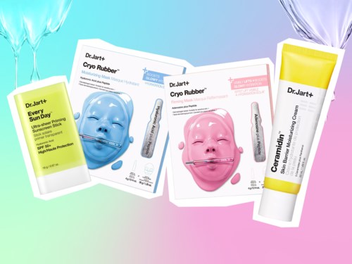 Hudpleieprodukter med fargerik emballasje og ansiktsmasker, noen flasker har gule hetter, på en pastellbakgrunn.