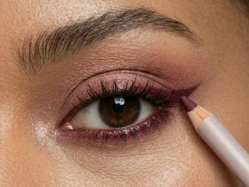 Person applicerar lila eyeliner på övre ögonlocket, skapar en vingeform, med klar hud och brunt öga.