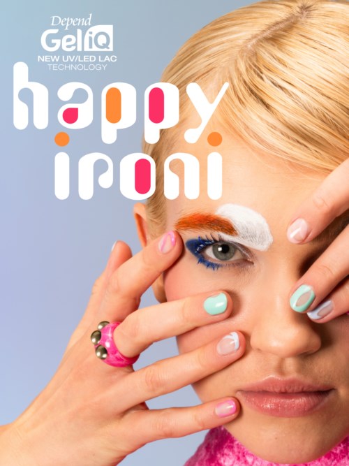 A woman with colorful nail polish and eye makeup, applying false eyelashes with a fun, bright background.