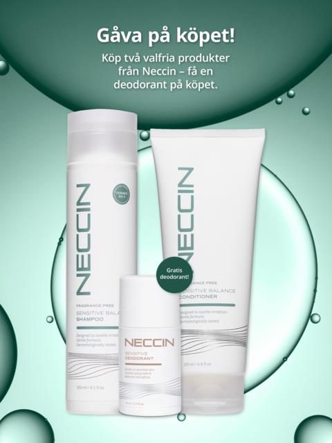 Kampanje for kjøp av to Neccin-produkter, inkludert gratis deodorant. Fokus på sjampo, balsam og deodorant.
