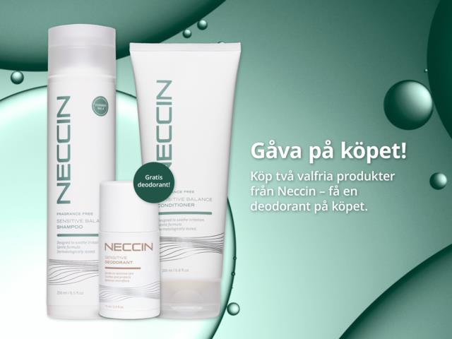 Neccin shampoo, conditioner, and deodorant are shown with a gift offer for two products.