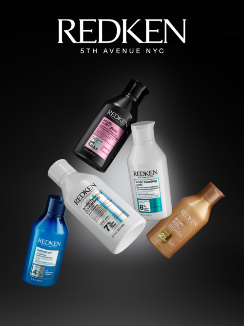 Fem olika färgade flaskor av Redken hårprodukter visade, med Redken-loggan och platsen högst upp.