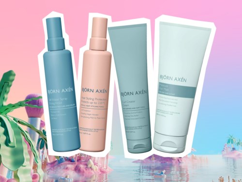 Vier Hautpflegeprodukte in Pastellfarben vor einem bunten, tropischen Hintergrund. Zwei Sprays und zwei Cremes oder Lotionen.