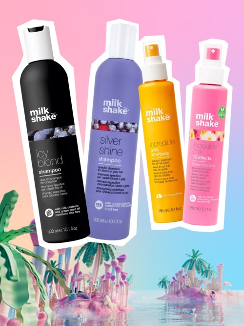 Neljä shampoolasia nimeltä Icy Blonde, Silver Shine, Nourish ja Replenish näkyvät värikkään taustan edessä.