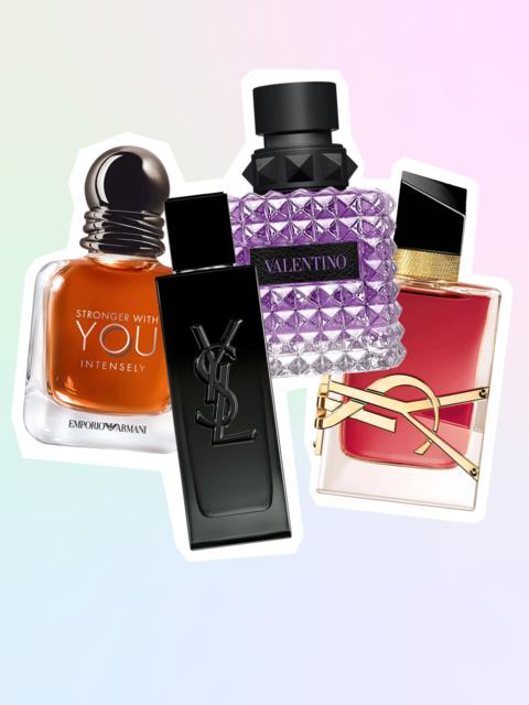 A collection of five different perfume bottles of various shapes, colors, and brands. a mix of purple, red, black, and orange bottles.