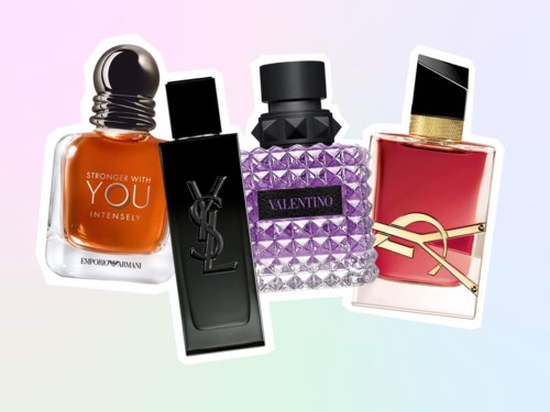 Cztery butelki perfum o różnych kształtach, kolorach i markach takich jak Yves Saint Laurent i Valentino.