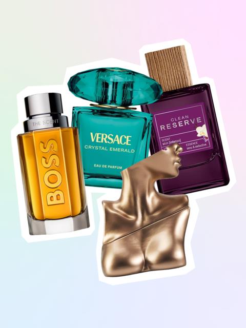 Three perfume bottles and a gold-colored mannequin bust. The bottles are from Boss, Versace, and Clean Reserve brands.