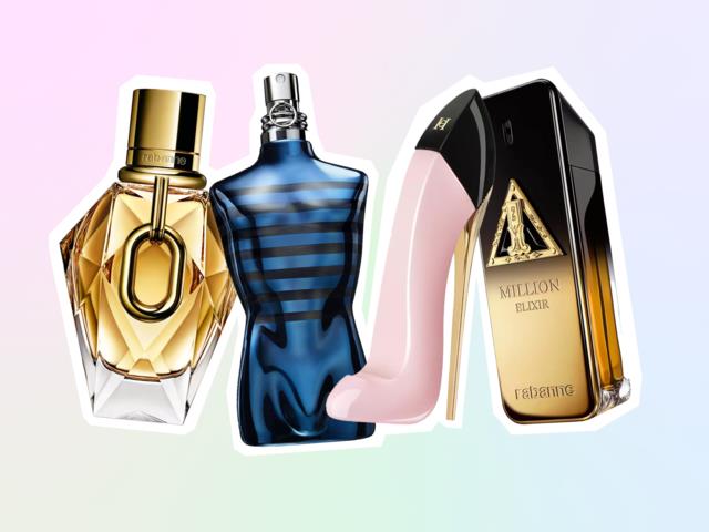 Three perfume bottles in different shapes and colors, one with a high heel shoe design, all standing side by side.